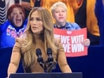 Jennifer Lopez speaks at a campaign rally for Democratic presidential nominee U.S. Vice President Kamala Harris, in North Las Vegas, Nevada, U.S., October 31, 2024.