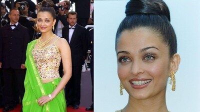 Aishwarya Rai's neon saree look remains iconic as she represented Indian culture at Cannes 2003. Paired with an embellished blouse and golden jewellery, she looked absolutely stunning. (Instagram) Aishwarya Rai's neon saree look remains iconic as she represented Indian culture at Cannes 2003. Paired with an embellished blouse and golden jewellery, she looked absolutely stunning. (Instagram)