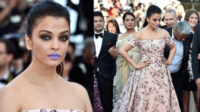 Who can forget Aishwarya Rai and her iconic purple pout at Cannes 2016. She rocked a floral off-shoulder gown complemented by bold makeup. (Instagram) Who can forget Aishwarya Rai and her iconic purple pout at Cannes 2016. She rocked a floral off-shoulder gown complemented by bold makeup. (Instagram)