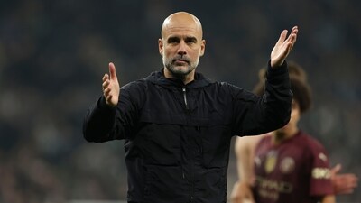 Manchester City's head coach Pep Guardiola reacts after a match. (AP)