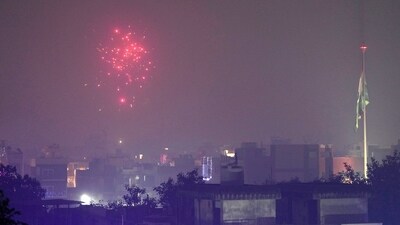 Fireworks during the Diwali celebrations in New Delhi on Thursday. Delhi recorded a jump in pollution levels and a smoky haze returned on Friday morning after residents flouted the ban on firecrackers on Diwali night. (PTI) Fireworks during the Diwali celebrations in New Delhi on Thursday. Delhi recorded a jump in pollution levels and a smoky haze returned on Friday morning after residents flouted the ban on firecrackers on Diwali night. (PTI)