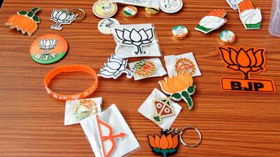 Merchandise of different political parties on display at a shop for election campaign ahead of the Maharashtra elections. (ANI Photo) Merchandise of different political parties on display at a shop for election campaign ahead of the Maharashtra elections. (ANI Photo)