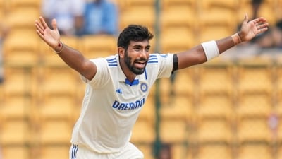 Jasprit Bumrah appeals successfully for the wicket of New Zealand's Devon Conway (PTI) Jasprit Bumrah appeals successfully for the wicket of New Zealand's Devon Conway (PTI)