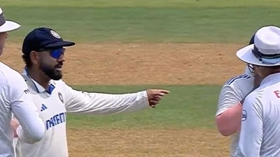 Rohit Sharma having an animated chat with the umpires. ((X Images) ) Rohit Sharma having an animated chat with the umpires. ((X Images) )