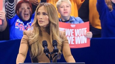 Jennifer Lopez speaks at a campaign rally for Democratic presidential nominee U.S. Vice President Kamala Harris, in North Las Vegas, Nevada, U.S., October 31, 2024. (REUTERS)