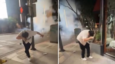 Dodgers fan blowing off his hands with fireworks prompts calls for safety (@CollinRugg/X) Dodgers fan blowing off his hands with fireworks prompts calls for safety (@CollinRugg/X)