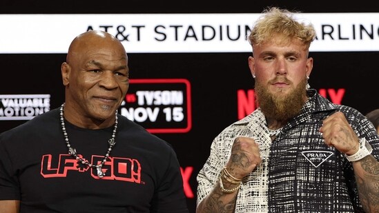 NEW YORK, NEW YORK - AUGUST 18: Mike Tyson and Jake Paul attend Fanatics Fest Press Conference at Javits Center on August 18, 2024 in New York City. Michael Loccisano/Getty Images/AFP (Photo by Michael loccisano / GETTY IMAGES NORTH AMERICA / Getty Images via AFP) (Getty Images via AFP)