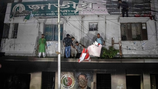 Unidentified assailants vandalize an office of Jatiya Party that supported the country's ousted leader Sheikh Hasina, in Dhaka, Bangladesh, Thursday, Oct. 31, 2024. (AP)