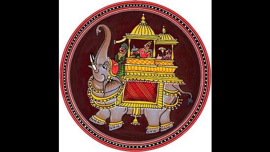 The elephant, representing the strength of the Wodeyar kings, is a common motif in Mysore Ganjifas. (Image courtesy Raghupathi Bhat)