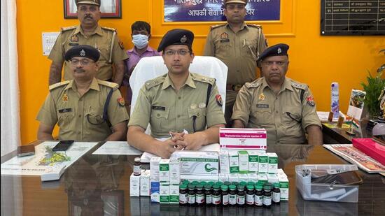 Vials of mephentermine sulfate—a powerful drug misused in various medical settings— have been recovered. The cost of one vial of the drug in black market is around ₹2,000, officers said. (HT Photo)