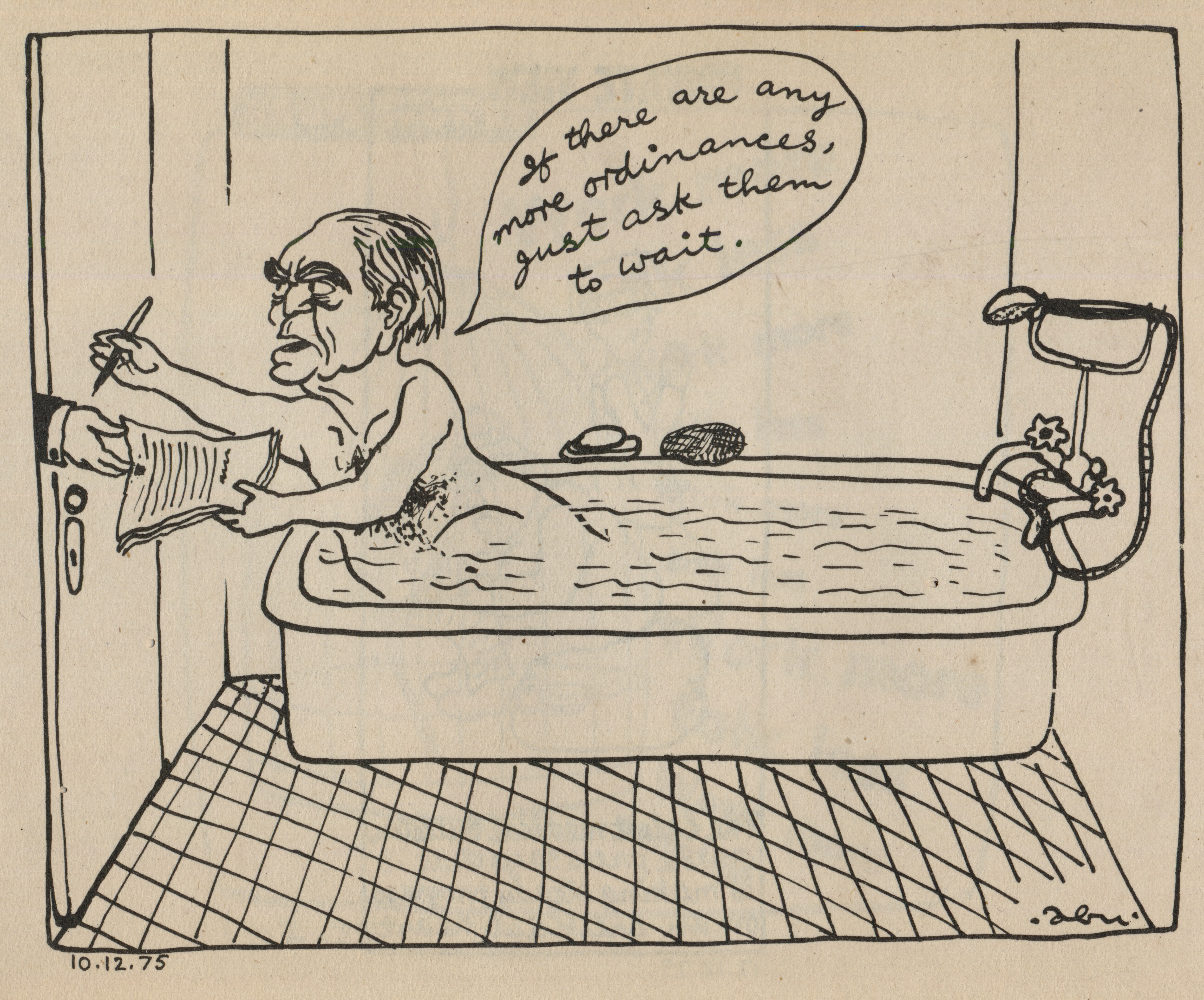 One of Abraham’s most famous works, this 1975 cartoon shows then-President Fakhruddin Ali Ahmed hurriedly signing the declaration of Emergency, while in his bath. (Image via Ayisha Abraham) One of Abraham’s most famous works, this 1975 cartoon shows then-President Fakhruddin Ali Ahmed hurriedly signing the declaration of Emergency, while in his bath. (Image via Ayisha Abraham)
