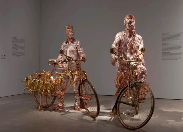Shende’s work, Mumbai Dabbawala with Bicycle (2008) is made largely from pocket watches. (VALAY SHENDE, SAKSHI GALLERY) Shende’s work, Mumbai Dabbawala with Bicycle (2008) is made largely from pocket watches. (VALAY SHENDE, SAKSHI GALLERY)