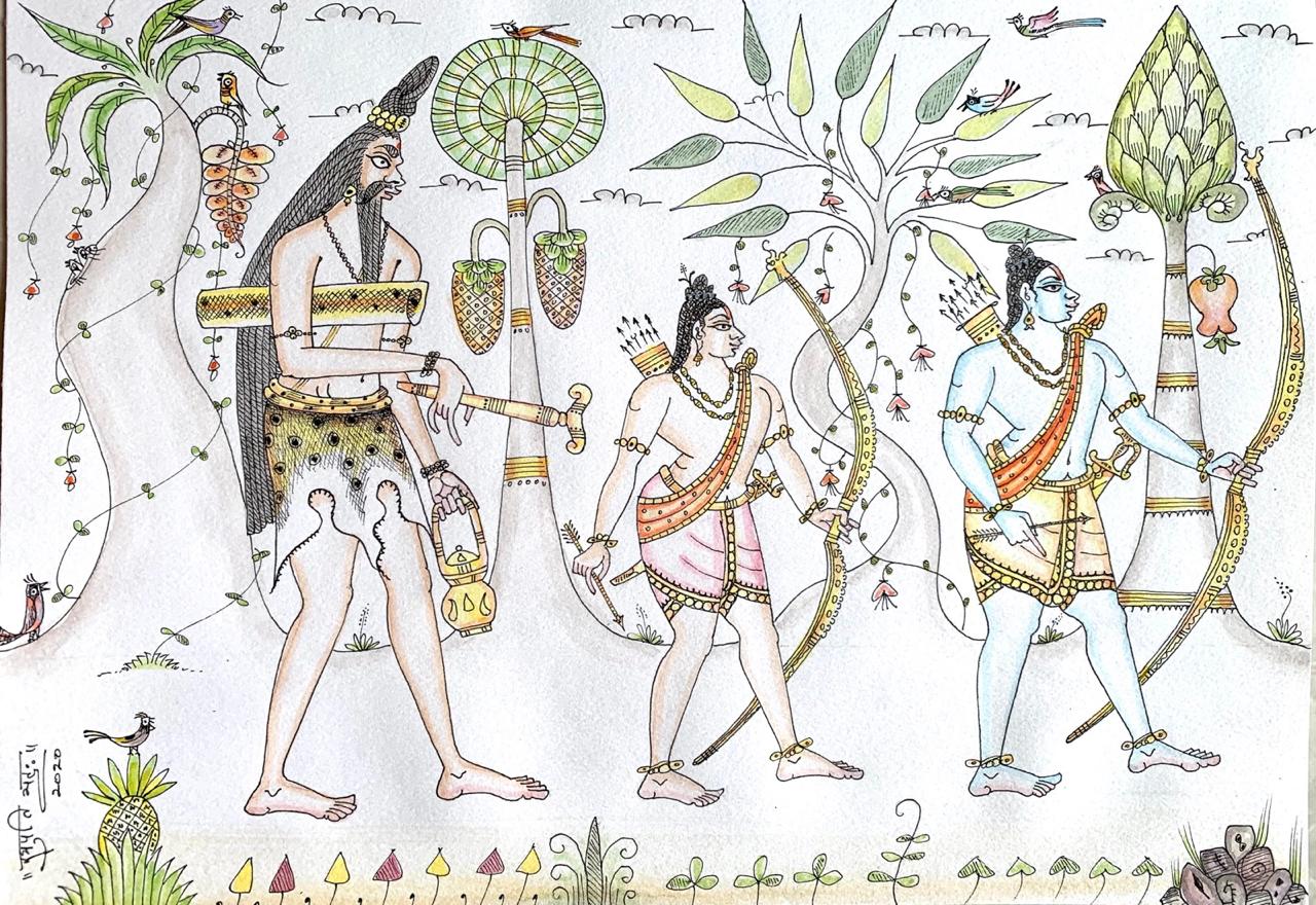 A line drawing depicting a scene from the Ramayana. Bhat is currently working to tell the story of the Mahabharata in a series of line drawings. (Image courtesy Raghupathi Bhat)