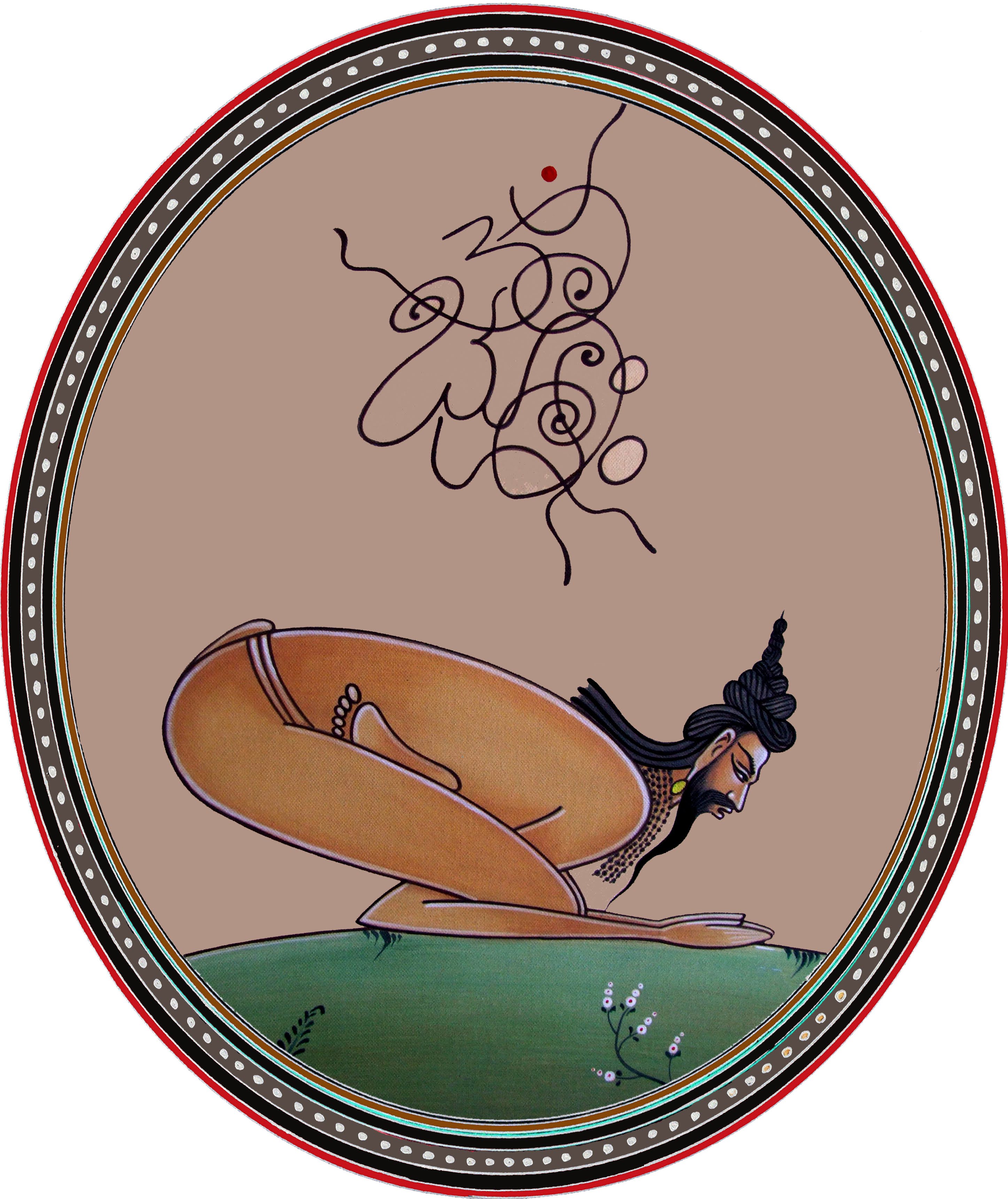 A painting depicting a yogic asana. Bhat, now 67, has had his eyesight suffer from the strain of creating the intricate art. He now paints in line drawings. But 30 of his former students are now Mysore Ganjifa artist, and can continue the legacy, he says. (Image courtesy Raghupathi Bhat)