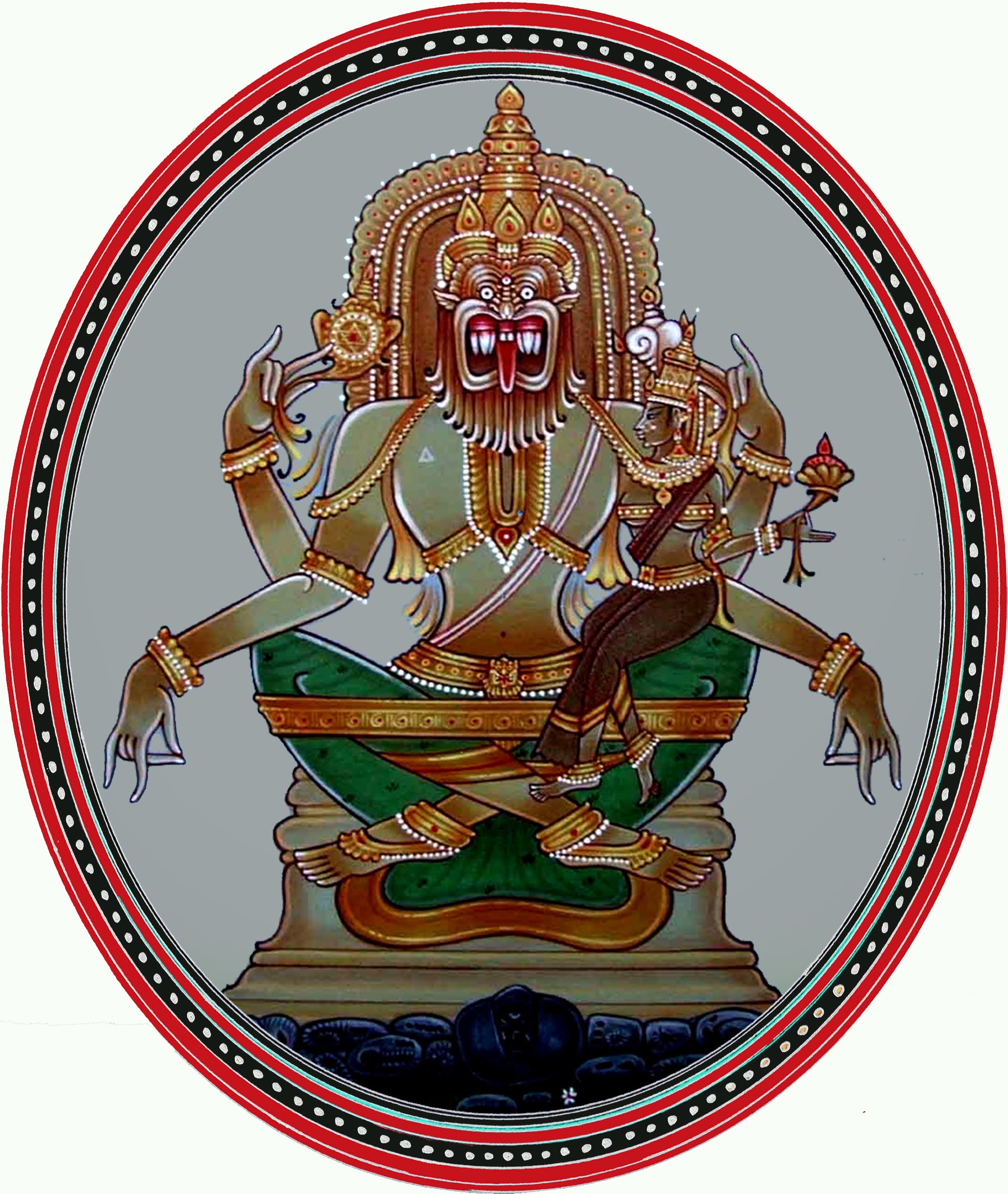A painting of the part-human, part-lion deity Narasimha, an avatar of Vishnu. (Image courtesy Raghupathi Bhat) A painting of the part-human, part-lion deity Narasimha, an avatar of Vishnu. (Image courtesy Raghupathi Bhat)