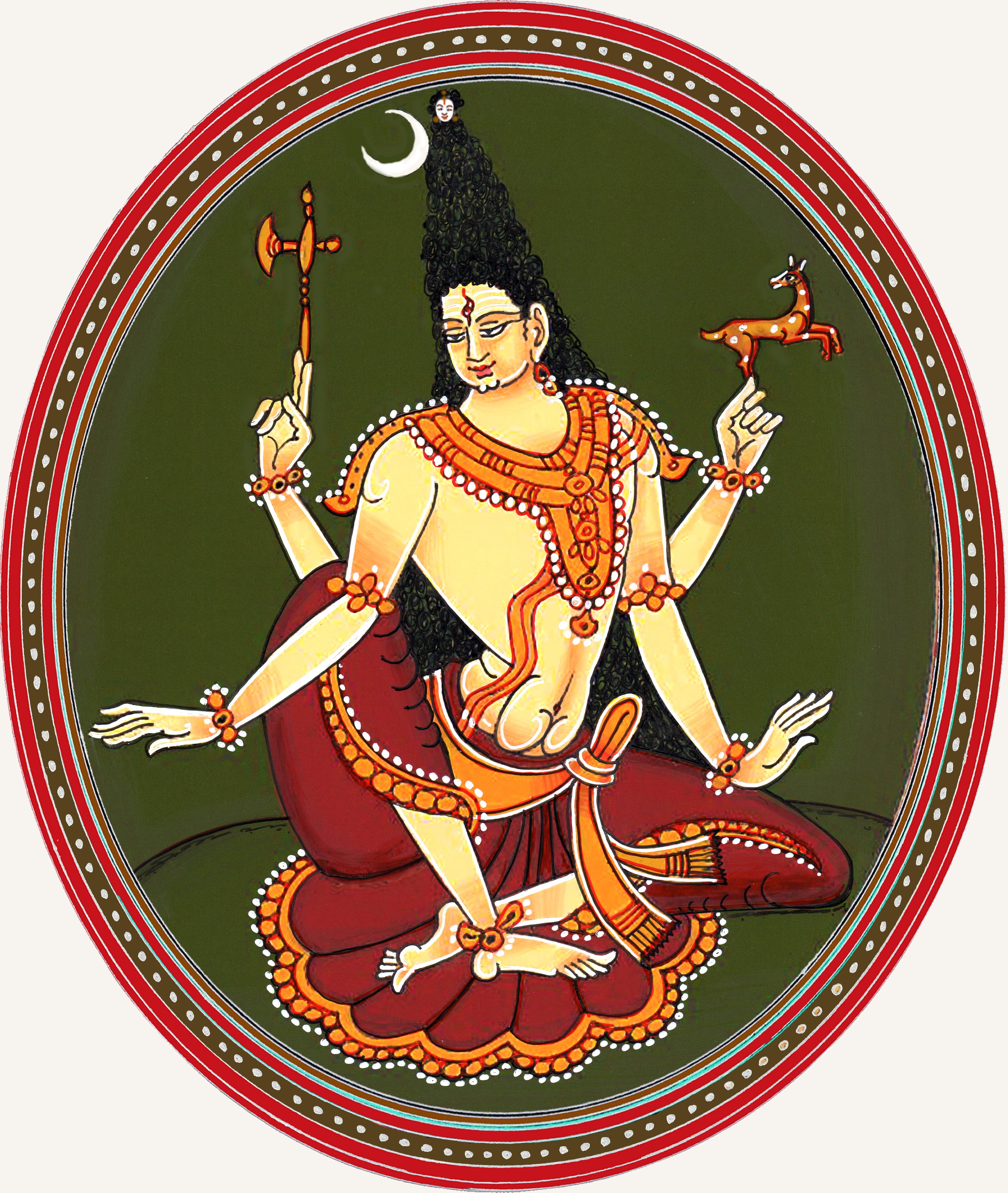 A representation of Shiva in the Mysore Ganjifa style. The Ganjifa card game travelled to India with the Mughals in the 15th century. One side of the cards had numbers; the other featured elaborate art. (Image courtesy Raghupathi Bhat)