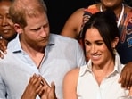 Colombia's Vice President Francia Marquez (2nd R) greets Colombia's former Education Minister Aurora Vergara (2nd L) next to Britain's Prince Harry (C), Duke of Sussex, and his wife Meghan Markle during a picture 
