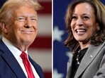 This combination of photos shows Republican presidential nominee former President Donald Trump, left, speaking at a campaign event Sept. 25, 2024, in Mint Hill, N.C., and Democratic presidential nominee Vice President Kamala Harris, right, speaking a campaign event Oct. 19, 2024, in Atlanta. 