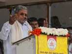 Karnataka Chief Minister Siddaramaiah addresses the celebrations of Karnataka state formation day 'Kannada Rajyotsava', at Sree Kanteerava Stadium, in Bengaluru on Friday. (PTI)