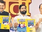 Chief Minister Eknath Shinde with Deputy Chief Minister Devendra Fadnavis and Ajit Pawar. (Photo by Raju Shinde/HT Photo) (Hindustan Times)