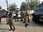 Security personnel during an encounter with terrorists in the Khanyar area in Srinagar on Saturday. Security personnel during an encounter with terrorists in the Khanyar area in Srinagar on Saturday.