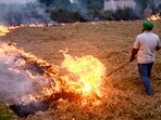A man sets fire to the stubble at a farm, in Patiala on October 27.