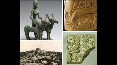 (Clockwise from top left) A bronze figurine now called Woman Riding Two Brahman Bulls; a bull seal; a yogi seal; an excavation site. (Images: Wikimedia Commons; Getty; ASI; MET; British Museum; HT Archives) (Clockwise from top left) A bronze figurine now called Woman Riding Two Brahman Bulls; a bull seal; a yogi seal; an excavation site. (Images: Wikimedia Commons; Getty; ASI; MET; British Museum; HT Archives)