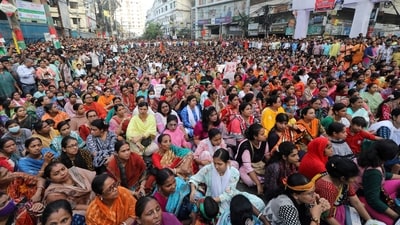 Bangladesh Hindus participate in a rally demanding that an interim government withdraw all cases against their leaders and protect them from attacks and harassment, in Chattogram, Bangladesh, Friday, Nov. 1, 2024. (AP) Bangladesh Hindus participate in a rally demanding that an interim government withdraw all cases against their leaders and protect them from attacks and harassment, in Chattogram, Bangladesh, Friday, Nov. 1, 2024. (AP)