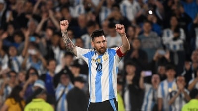 Argentina's forward Lionel Messi celebrates after scoring during the 2026 FIFA World Cup South American qualifiers football match against Bolivia. (AFP) Argentina's forward Lionel Messi celebrates after scoring during the 2026 FIFA World Cup South American qualifiers football match against Bolivia. (AFP)