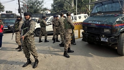 Security personnel during an encounter with terrorists in the Khanyar area in Srinagar on Saturday. (PTI) Security personnel during an encounter with terrorists in the Khanyar area in Srinagar on Saturday. (PTI)