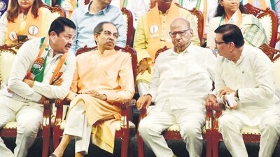 Shiv Sena (UBT) chief Uddhav Thackeray, NCP chief Sharad Pawar and state Congress president Nana Patole. (Bhushan Koyande/HT Photo) Shiv Sena (UBT) chief Uddhav Thackeray, NCP chief Sharad Pawar and state Congress president Nana Patole. (Bhushan Koyande/HT Photo)