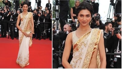 Deepika Padukone in a Rohit Bal saree at Cannes festival. (Pinterest) Deepika Padukone in a Rohit Bal saree at Cannes festival. (Pinterest)