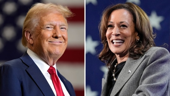 This combination of photos shows Republican presidential nominee former President Donald Trump, left, speaking at a campaign event Sept. 25, 2024, in Mint Hill, N.C., and Democratic presidential nominee Vice President Kamala Harris, right, speaking a campaign event Oct. 19, 2024, in Atlanta. (AP)