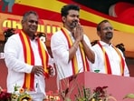 Viluppuram [Tamil Nadu], Oct 27 (ANI): Actor and founder of Tamilaga Vettri Kazhagam, Vijay greets the crowd during his party's first political rally, at Vikravandi in Villupuram on Sunday. (ANI Photo)