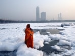 Toxic foam seen floating over Yamuna River at Kalindi Kunj in New Delhi.