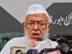 Jamiat Ulama-e-Hind chief Maulana Arshad Madani addresses a press conference in New Delhi.