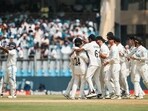 New Zealand's players celebrate the wicket of India's Rishabh Pant during day three of third Test cricket match between India and New Zealand New Zealand's players celebrate the wicket of India's Rishabh Pant during day three of third Test cricket match between India and New Zealand
