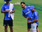 India's Virat Kohli, Rohit Sharma and Abhishek Nayar, during practice session.   (Photo by Anshuman Poyrekar/ Hindustan Times)