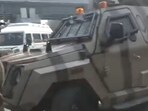 A security forces vehicle at the grenade attack site in Srinagar. A security forces vehicle at the grenade attack site in Srinagar.