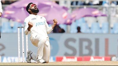 Ajaz Pate of New Zealand celebrates a wicket during Day 3 of the 3rd Test against India at the Wankhede Stadium, Mumbai. (BCCI) Ajaz Pate of New Zealand celebrates a wicket during Day 3 of the 3rd Test against India at the Wankhede Stadium, Mumbai. (BCCI)