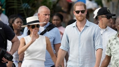 Prince Harry and Meghan arrive in San Basilio de Palenque, Colombia, Saturday, Aug. 17, 2024. (AP Photo/Ivan Valencia) (AP) Prince Harry and Meghan arrive in San Basilio de Palenque, Colombia, Saturday, Aug. 17, 2024. (AP Photo/Ivan Valencia) (AP)