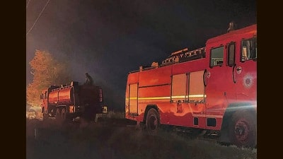 Firefighters working to douse the flamed that broke out at a scrap godown in Jarkhar village two days ago, in Ludhiana on Sunday. (Hindustan Times) Firefighters working to douse the flamed that broke out at a scrap godown in Jarkhar village two days ago, in Ludhiana on Sunday. (Hindustan Times)
