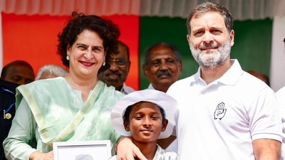 Lok Sabha Leader of Opposition Rahul Gandhi and Congress general secretary Priyanka Gandhi Vadra during a public meeting, at Mananthavady in Wayanad on Sunday. (ANI PHOTO) Lok Sabha Leader of Opposition Rahul Gandhi and Congress general secretary Priyanka Gandhi Vadra during a public meeting, at Mananthavady in Wayanad on Sunday. (ANI PHOTO)