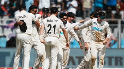 Ajaz Patel took 6-57 to bowl the Black Caps to victory as it became the first visiting side to complete a clean sweep in a minimum three-Test series against India. (PTI) Ajaz Patel took 6-57 to bowl the Black Caps to victory as it became the first visiting side to complete a clean sweep in a minimum three-Test series against India. (PTI)