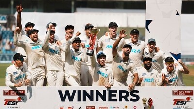 New Zealand secured an historic 3-0 series’ victory in India as it won a dramatic third Test by 25 runs on Sunday. (PTI) New Zealand secured an historic 3-0 series’ victory in India as it won a dramatic third Test by 25 runs on Sunday. (PTI)