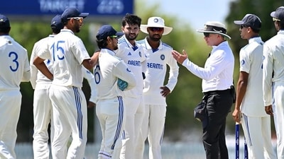 Ishan Kishan and other India A players in conversation with umpire (Getty) Ishan Kishan and other India A players in conversation with umpire (Getty)