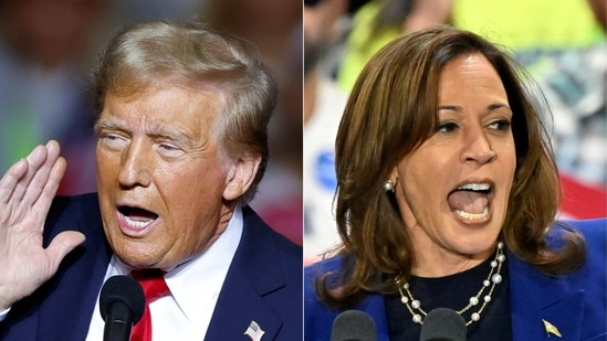 (COMBO) This combination of pictures created on November 02, 2024 shows
Former US President and Republican presidential candidate Donald Trump (L) gestures as he speaks at a campaign rally at the Fiserv Forum in Milwaukee, Wisconsin, November 1, 2024, and US Vice President and Democratic presidential candidate Kamala Harris (R) speaks during a campaign rally at the Craig Ranch Amphitheater in Las Vegas, Nevada, on October 31, 2024.. (Photo by KAMIL KRZACZYNSKI and David Becker / AFP) (AFP)