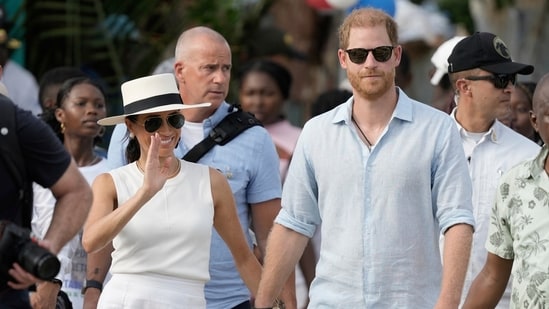 Prince Harry and Meghan arrive in San Basilio de Palenque, Colombia, Saturday, Aug. 17, 2024. (AP Photo/Ivan Valencia) (AP)