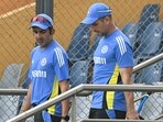 India's head coach Gautam Gambhir (L) and assistant coach Ryan Neil ten Doeschate