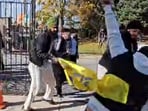Pro-Khalistan radicals attacking the Hindu Sabha Mandir in Brampton, Ontario, Canada on Sunday afternoon. (Video screengrab) Pro-Khalistan radicals attacking the Hindu Sabha Mandir in Brampton, Ontario, Canada on Sunday afternoon. (Video screengrab)